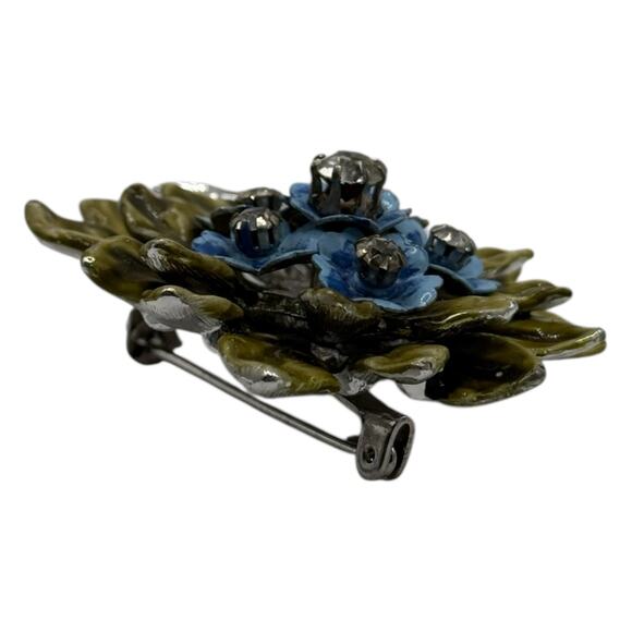 Vintage Coro Floral Bouquet Brooch Pin Enamel Green Blue Rhinestone Summer - Picture 6 of 13